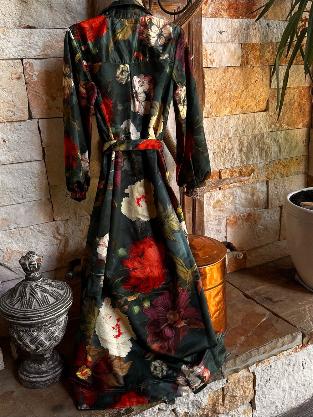Maeve Dark Green Floral Maxi Dress with Red & Cream Blooms - Picture 2 of 4